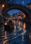 Bundled rower in a small boat beneath a stone bridge, with lanterns and lit canal houses at blue hour.