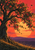 A mature apple tree with red fruit is silhouetted against a large apricot sun, with violet hills and grasses below.