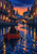 A red skiff with one seated paddler floats on reflective blue canal water between lit city buildings and bridges at twilight.