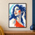 Expressive portrait of a woman turning upward, with dark-blue hair, a raised hand, cobalt lines and a turquoise arc.; frame shown for styling only