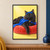 Sleepy long-haired black cat in a blue cape and raised eye mask lounging on a red cushion against yellow.; frame shown for styling only
