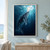 Humpback whale rising through deep blue water toward a bright opening in fractured sea ice, surrounded by bubbles and light rays.; frame shown for styling only