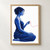 Blue-stroked woman seated in profile holding a red thread that curves across a white background.; frame shown for styling only