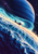 Small winged craft above a luminous icy surface with a vast blue planet in the background and a smaller moon at right.