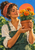 A woman in green overalls smiles at a terracotta pot of orange and yellow marigolds against a blue background and coral sun disc.