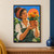 A woman in green overalls smiles at a terracotta pot of orange and yellow marigolds against a blue background and coral sun disc.; frame shown for styling only