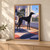 A sleek black greyhound stands on a patterned rug beside an open window and looks toward a small bird outside.; frame shown for styling only