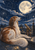 Long-haired russet-and-cream dog stargazing on a rooftop beside a brass telescope beneath a full moon, with stars and a distant city skyline.