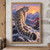 Pale spotted snow leopard looking back over its shoulder on a snowy ridge, tail sweeping across the foreground beneath sunrise-lit mountains and red flags.; frame shown for styling only