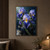 Three violet-blue irises with yellow throats and water droplets above a dark bowl, framed by sweeping green leaves.; frame shown for styling only