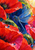 Blue dragonfly with four veined wings among oversized red and fuchsia poppies, green foliage and bright dew drops.