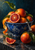 Whole and cut blood oranges fill a patterned blue ceramic bowl with leaves, peel, and a spoon on a dark counter.