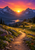 A golden alpine trail winds through foreground flowers toward a sunrise in a mountain notch, with a lake and layered peaks beyond.