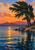 A dark leaning cypress-like tree stands on a rocky lakeshore above textured blue water, with distant hills and a warm low sun.