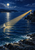 A lighthouse on a rocky point casts a golden beam across a moonlit indigo bay toward a small white-sailed boat.