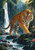 An orange-and-black tiger steps onto a dark rock before a left-side waterfall, surrounded by jungle leaves and coral flowers.