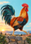 Vivid rooster striding across a rough stone wall at sunrise, with rooftops, trees, and hills in the distance.