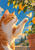Ginger-and-white cat reaching toward a glowing winged insect beside an orange tree, with a terracotta pot and coastal view.