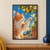 Ginger-and-white cat reaching toward a glowing winged insect beside an orange tree, with a terracotta pot and coastal view.; frame shown for styling only