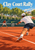 Illustrated clay-court tennis rally with a large foreground player, an opponent beyond the net, yellow ball, trees, rooftops, and title lettering.