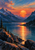 Copper-orange sun setting over an alpine lake, its bright reflection stretching between dark mountain slopes and rocky shores.