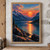 Copper-orange sun setting over an alpine lake, its bright reflection stretching between dark mountain slopes and rocky shores.; frame shown for styling only