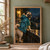 Fawn pug in a glossy blue-green rain cape looking back from a wet stone ledge in the rain, with a warm lantern and dark garden.; frame shown for styling only