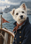 White terrier in a navy captain-like coat and rust-red neckerchief aboard a boat, with a red pennant and harbor behind.