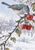 A small blue-gray titmouse-like bird pecks at a red fruit on a snow-covered branch with two more fruits below.