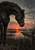 A large black horse lowers its muzzle toward a small skeleton bird on a wooden rail beside a marsh at sunset.