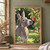 Gray donkey turning toward a red apple hanging from a leafy orchard branch, with more apples in the background.; frame shown for styling only
