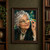 Close portrait of an older silver-haired woman holding a triangular prism near her face, with a round monocle-like lens and a luminous green and amber geometric background.; frame shown for styling only