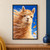 Cream-and-copper alpaca with fleece streaming left, facing the viewer beneath a vivid blue sky with golden leaves.; frame shown for styling only