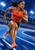 An adult woman sprinter in a red singlet and coral shoes powers around a curved track in a blue stadium with white lane markings.