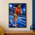 An adult woman sprinter in a red singlet and coral shoes powers around a curved track in a blue stadium with white lane markings.; frame shown for styling only