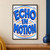 Three stacked lines of dimensional blue uppercase text reading ECHO IN MOTION, with orange and navy accents and curved radiating marks.; frame shown for styling only