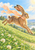 Brown hare leaping right across a sunlit meadow with a peach scarf streaming behind, white clover and distant blue hills.