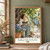 Woman reading beneath a broad fig-like tree in a sunlit courtyard, with a perched bird, blue flowers and a turquoise doorway; title on cream footer.; frame shown for styling only