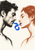Two adult profiles facing each other with a vivid blue ribbon-like loop between their mouths on an ivory background.