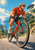 Helmeted cyclist in a red-orange jersey riding a red bicycle uphill above a sunny coastal road and blue water.