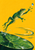 A green tree frog leaps diagonally above a lily pad toward a small suspended blue-white droplet.