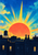 A coral sun with long golden rays rises behind dark rooftops, chimneys, and a water tower.