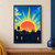 A coral sun with long golden rays rises behind dark rooftops, chimneys, and a water tower.; frame shown for styling only