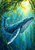 Large humpback whale swimming diagonally beneath dark green kelp as small fish pass through sunlit blue water.