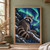Raccoon in a cobalt scarf looking back from a snowy pine branch beneath a bright green aurora.; frame shown for styling only