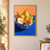 Three whole pears and a cut pear half in a blue-and-white patterned bowl on a blue table against an apricot wall.; frame shown for styling only