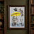 Two crosshatched human skeletons share a bright yellow umbrella in the rain; one sits holding it while the other leans in with a dripping hat.; frame shown for styling only