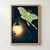 Pale-green long-tailed moth hovering above a glowing round porch lamp, with golden flecks and silhouetted plants against a dark blue sky.; frame shown for styling only