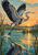 Great blue heron taking flight above teal marsh water at sunrise, with spread wings, splash, reflection, and grasses at the edges.