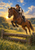 Helmeted rider on a bay horse jumping a rustic wooden cross-country fence in a sunlit meadow.